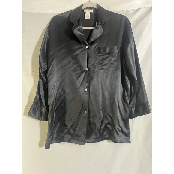 Nordstrom Lingerie Women"s XS Black Vintage Pure Silk Pajama Button Down Shirt - Picture 1 of 6